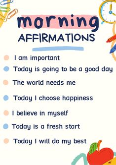 a poster with words that say morning affirmations and an image of a clock