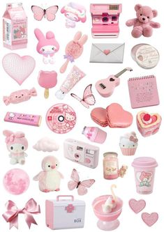 a bunch of pink items are arranged on a white background with hearts and other things