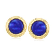 Ross-Simons - C. 1970 Vintage Blue Enamel Round Clip-On Earrings in 18kt Yellow Gold. C. 1970. Our eye-catching Estate earrings feature a dramatic backdrop of glossy cobalt blue enamel framed in 18kt yellow gold. The perfect finishing touch to any outfit, just clip on this pretty pair and go! 18kt yellow gold and blue enamel clip-on earrings. Exclusive, one-of-a-kind Estate Jewelry. Blue High Luster Earrings For Formal Occasions, Formal Blue High Luster Earrings, Elegant Blue Cabochon Clip-on Earrings, Formal Blue High Luster Jewelry, Formal High Luster Blue Jewelry, Blue Cabochon Earrings For Formal Occasions, Jewelry Presentation, Gold C, Gold Sign