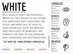 12 Color Meanings - The Power and Symbolism of Colors (Infographics) Symbolism Of Colors, Rainbow Color Meaning, White Color Symbolism, Lucent Meaning, White Aura Meaning, White Color Meaning, White Meaning