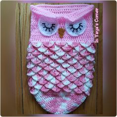 a crocheted owl is hanging on the door