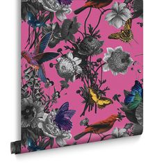 a pink floral wallpaper with birds and flowers on the bottom, in front of a pink background