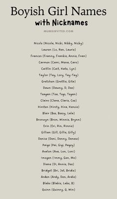 a list of names for boys and girls in english or spanish, with the words boyish girl names