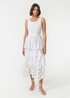 Nia Ruched Scoopneck Eyelet Tiered Midi Dress | White Eyelet | RHODE Kids Bridal, Midi Dress White, The Beach House, Tiered Midi Skirt, Elegant Skirt, Tiered Midi Dress, White Eyelet, Swimwear Cover Ups, Swimwear Cover