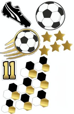 soccer stickers with gold stars and black and white designs on them, including the number 11