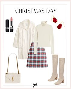 Step into Christmas Day with a chic and festive look that effortlessly combines comfort and style. Embrace the winter coziness with a cable knit duster cardigan layered over a classic turtleneck sweater. Pair it with a playful plaid A-line mini skirt for a touch of holiday charm. Elevate the look with white leather knee-high boots, adding a sleek and modern edge. Opt for a coordinating white leather shoulder bag to keep your essentials close at hand. Knit Duster, Christmas Day Outfit, Red Turtleneck, Cozy Winter Outfits