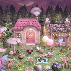 an image of a fairy land scene with mushrooms and other things on the ground in front of a pink house