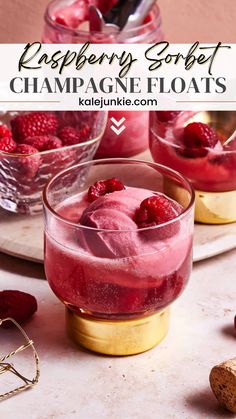 raspberry sorbet champagne floats with ice cream and strawberries in the background