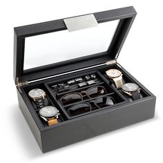 This Carbon Fiber Textured Leatherette Valet Jewelry Watch Box is sure to please even the pickiest of people. With the highest quality materials & craftsmanship, real glass lid, thick walls & luxurious metal accents , this box was built to impress and to last! Options to personalize METAL PLATE and/or GLASS LID . This gorgeous box is delivered in an elegant gift box with a blank gift card for you to add your own personal message. *ENGRAVE ON GLASS LID,  METAL PLATE OR BOTH!! - You can have this Classic Formal Watch Accessories With Gift Box, Watch Box For Men, Mens Watch Box, Tray Storage, Jewelry Watch, Leather Cushion, Metal Accents, Watch Box, Metal Plate