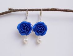 Deep Blue Rose Earrings, Green Flower Earrings, Bridesmaid Earrings, Navy Blue Flower Earrings. Blue Flower Earrings For Wedding, Blue Dangle Flower Earrings For Wedding, Blue Flower Shaped Earrings For Wedding, Blue 3d Flower Earrings For Wedding, Elegant Blue Earrings With 3d Flowers, Elegant Blue Jewelry With 3d Flowers, Blue Elegant Earrings With 3d Flowers, Nickel-free Blue Flower Earrings For Wedding, Elegant Blue 3d Flower Earrings