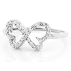 an open heart shaped ring with diamonds in the shape of two interlocked hearts