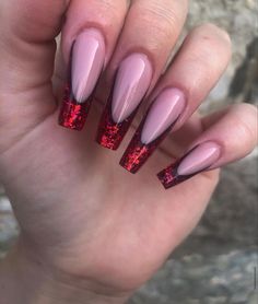 Red French With Glitter, French With Glitter, Long Red Nails, Glitter Nails Acrylic, Pink Gel Nails, Punk Nails, Red French, Long Acrylic Nail Designs, Glamour Nails