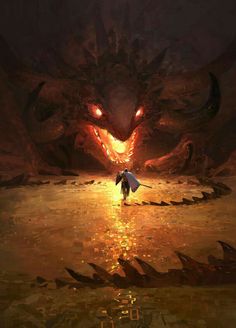 a man standing in front of a giant dragon with red eyes and an enormous body of water