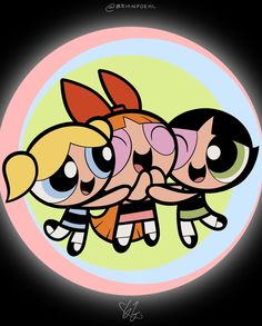 the powerpuff girls cartoon characters are hugging each other in front of a circular background