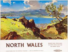 an advertisement for the north wales railway showing sheep grazing on grass and mountains in the background