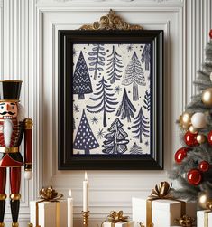 a nutcracker standing next to a christmas tree in front of a decorated wall