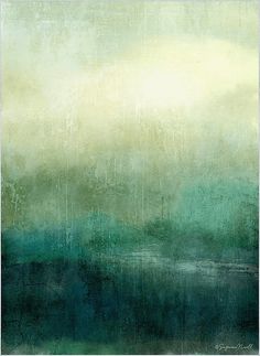 an abstract painting with green and white colors on the bottom, in shades of teal