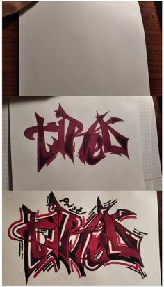 some type of graffiti written on paper with the word's name in red ink