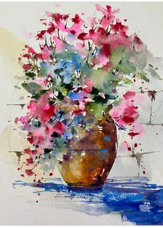 a watercolor painting of pink flowers in a brown vase on a blue and white background