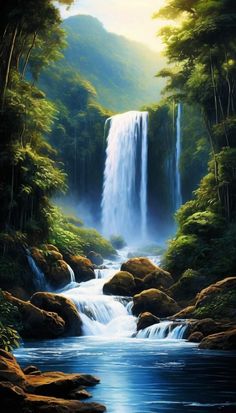 a painting of a waterfall in the forest