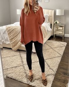 IG: @mrscasual | orange sweater, leggings, & leopard flats Leopard Sweater Outfit, Orange Sweater Outfit, Leopard Flats Outfits, Sweater Leggings Outfit, Booties Outfit, Orange Tops, Orange Sweater, Womens Turtleneck, Sweaters And Leggings