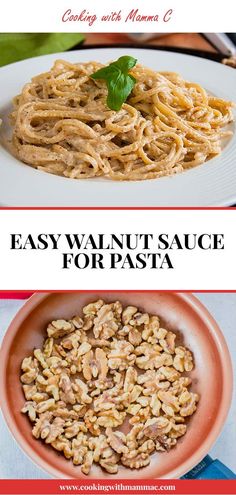 two pictures with different types of pasta in them and the words easy walnut sauce for pasta