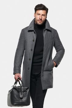 Stretch Wool Euro Coat Charcoal Melange - Norwegian Wool Black Winter Coat Outfit, Brown Coat Outfit, Italian Mens Fashion, Blue Winter Coat, Winter Coat Outfits, Mens Wool Coats, Down Winter Coats, Black Winter Coat, Stylish Coat