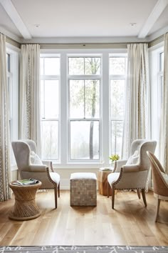 a living room with two chairs and a coffee table in front of a window that says get the look sarah richardson's living room