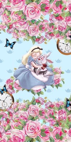 an image of a clock and flowers on a blue background with pink roses in the foreground