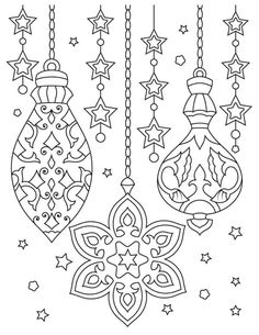 christmas ornament coloring page with ornaments hanging from the ceiling and stars in the background