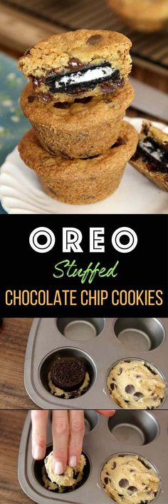 oreo stuffed chocolate chip cookies are stacked on top of each other in a muffin tin