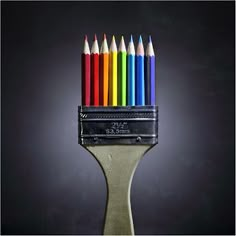 a group of colored pencils sitting on top of a paintbrush in front of a black background