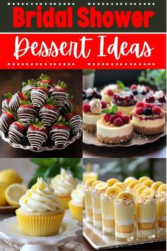 several different desserts are shown with the words bridal shower present ideas on them