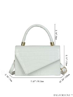 BagForLove - Compact Crocodile Flap Bag with Embossed Finish Product Description Color White Details Buckle Type Square Bag Bag Size Mini Strap Type Top Handle Pattern Type Crocodile Print Style Elegant Features Lightweight Closure Type Flap Composition 100% Polyurethane Material PU Leather Size Chart INCH CM Strap Length Bag Length Bag Width Bag Height Handle Height 47.2 inch 7.7 inch 2.8 inch 5.1 inch 3.1 inch Strap Length Bag Length Bag Width Bag Height Handle Height 120 cm 19.5 cm 7 cm 13 cm Trendy White Crocodile Pattern Bags, White Crocodile Pattern Shoulder Bag, White Rectangular Bag With Crocodile Pattern, White Crocodile Pattern Rectangular Bag, Crocodile Print, Print Style, Bag Bag, Square Bag, Style Elegant