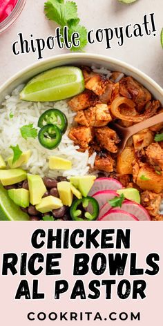 chicken rice bowls with limes, onions and cilantro