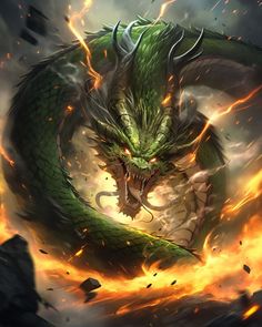 a green dragon with flames around it's neck and head, on top of rocks