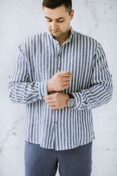 Men's linen striped shirt with long sleeves and band collar, summer linen shirt with long sleeves and wooden buttons Striped Long Sleeve Linen Tops, Striped Linen Long Sleeve Tops, Linen Clothes For Men, Summer Linen Shirt, Striped Linen Shirt, Mens Linen, Summer Linen, Wooden Buttons, Band Collar