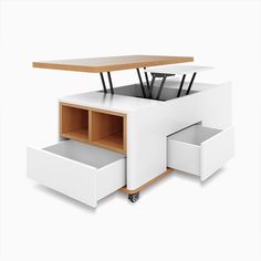 a white coffee table with two drawers underneath it and an open shelf on the bottom