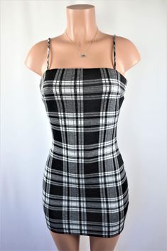 Size: L White Square Neck Dress, Plaid Dress Outfit, Black And White Plaid Dress, Fashion Week Aesthetic, Party Dress Inspiration, White Plaid Dress, Plaid Bodycon Dress, Folk Lore, Buffalo Plaid Dress