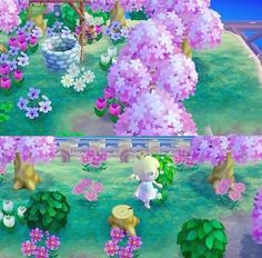 an animal crossing game with flowers and trees in the foreground, and on the background