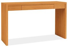 a wooden desk with two drawers on one side and an open drawer on the other