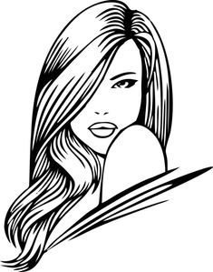 a black and white drawing of a woman with long hair