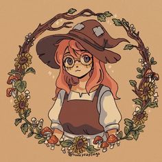 a drawing of a girl with glasses and a hat on her head, surrounded by flowers