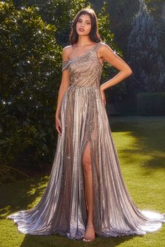 Lovely embellished sparkly asymmetrical gown with slit skirt. Silver Prom Dress Sparkly, Asymmetrical Gown, Andrea And Leo, Special Ocassion Dresses, Formal Prom Dresses Long, Pleated Gown, Luxurious Dresses, One Shoulder Gown, Beaded Bodice