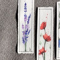 three watercolor paintings of flowers on paper