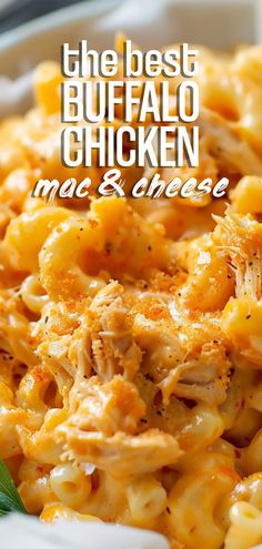 the best buffalo chicken macaroni and cheese is shown on a plate with basil leaves