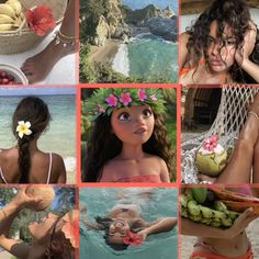 a collage of photos with different people in the water and fruit on their heads