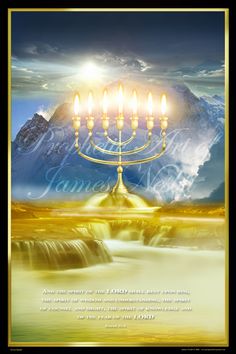 a menorah with five lit candles in front of a mountain range and stream