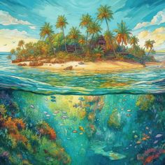 an underwater view of a tropical island with palm trees