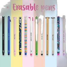 several pens are lined up on a multicolored background with the words erase pens